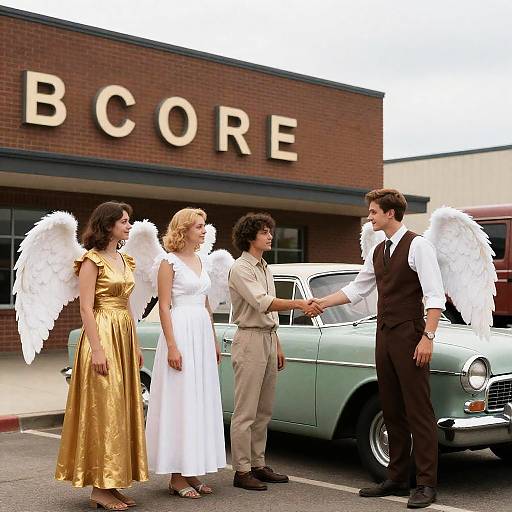 Group of People Wearing Angel Wings Shaking Hands Near Vintage Car