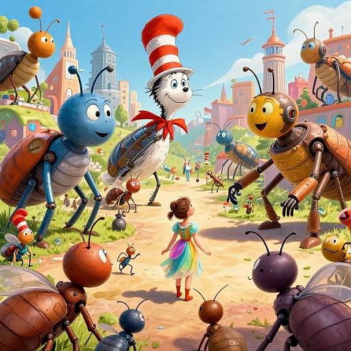 Colorful CGI illustration of a whimsical scene featuring a girl in a rainbow dress, giant talking ants, and a white cat with a red-striped hat