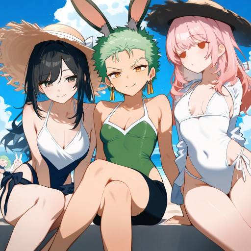 Colorful Beach Scene with Roronoa Zoro