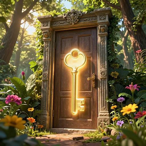 Photorealistic digital artwork of a glowing, oversized key-shaped lock on an ornate, wooden enchanted door, surrounded by lush, colorful flowers and dense