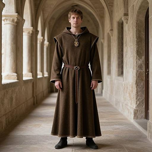Young man in medieval-style brown robe with ornate clasp, standing in sunlit stone corridor with arched windows and doors. Photographic image.