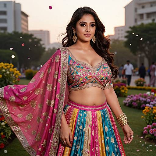 Photograph of a beautiful South Asian woman in a colorful traditional lehenga and choli set, adorned with gold jewelry, standing in a vibrant garden at
