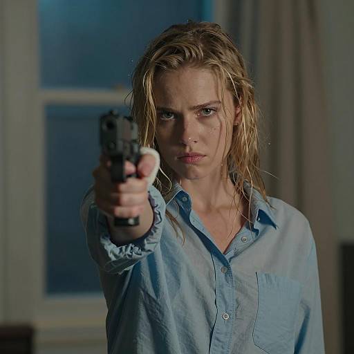 Determined Woman with Gun in Dim Light