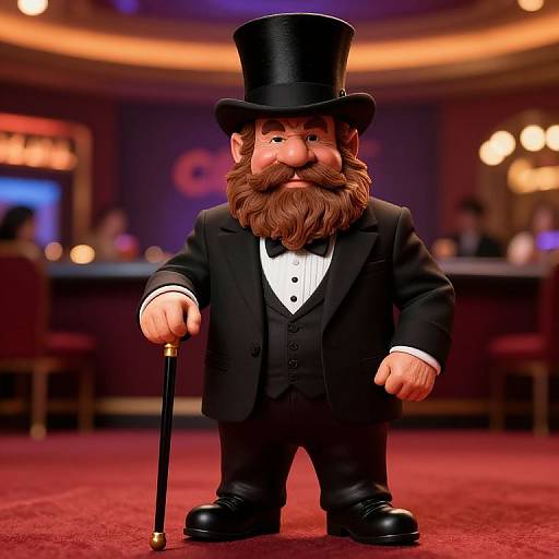 Photorealistic CGI of a bearded man in a black top hat, tuxedo, and black boots, standing on a red carpet, holding