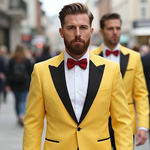 Photograph of two bearded men in yellow tuxedos with black lapels and red bow ties, walking in a busy urban street.