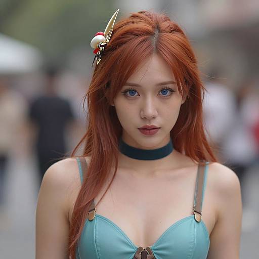Photograph of a young woman with long red hair, blue eyes, wearing a turquoise bra, black choker, and gold hair accessory, standing in