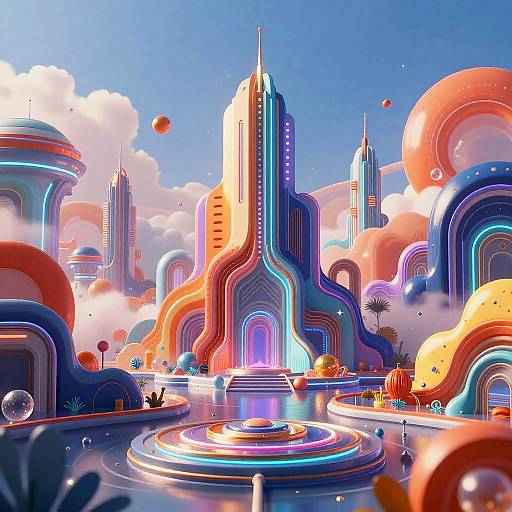 Vibrant digital art of a futuristic cityscape with colorful, neon-lit, abstract buildings, floating orbs, and a reflective water fountain.