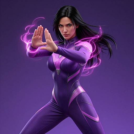 Digital art of a fierce, black-haired woman in a form-fitting, purple and pink bodysuit, hands glowing with purple energy, against a