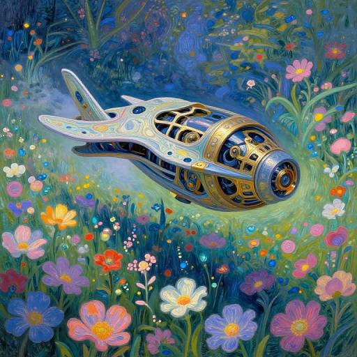 Vibrant digital artwork of a golden, mechanical flower-shaped aircraft soaring through a lush, colorful meadow filled with blooming flowers.
