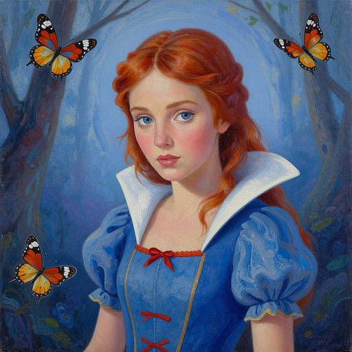 Digital painting of a fair-skinned, red-haired girl in a blue dress with white collar, surrounded by orange and black butterflies in a blue forest background