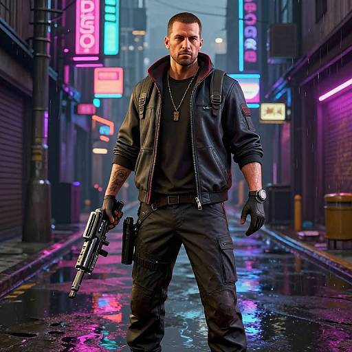 Photograph of a serious, tattooed man in black leather jacket and gloves, holding a gun, standing in a neon-lit, rainy urban alley