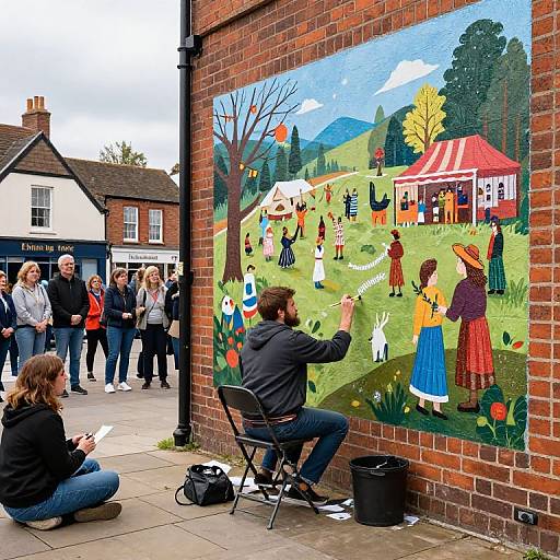 Photograph of a mural on a brick wall depicting a colorful, whimsical village scene; two artists in casual clothes painting and observing, with a group