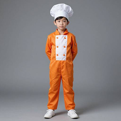 Photograph of an Asian boy in an orange jumpsuit and white chef hat, standing with hands in pockets, against a gray background.