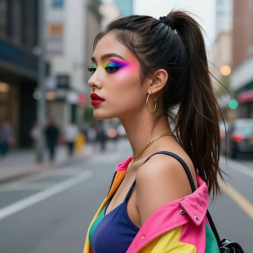Photograph of a Latina woman with high ponytail, vibrant rainbow eyeshadow, red lipstick, gold hoop earrings, pink and yellow jacket, city