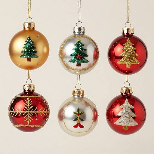 Photograph of nine Christmas ornaments: three gold, three red, and three white, each featuring a glittery Christmas tree design.