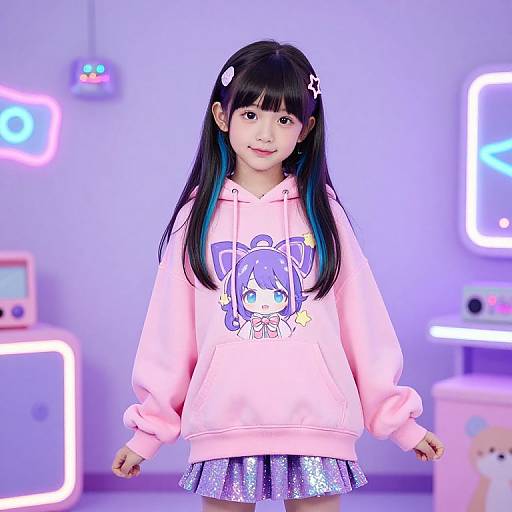 Photograph of a young Asian girl with long black hair, wearing a pink hoodie with a cute anime character, sparkling skirt, and neon-lit background