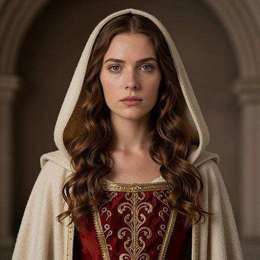 Photograph of a young woman with long brown hair, blue eyes, wearing a cream hooded cloak over a red velvet dress with gold embroidery, standing