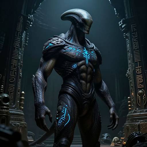 Digital CGI of a muscular, black, alien creature with glowing blue patterns, a smooth helmet-like head, standing in a dark, futuristic temple.