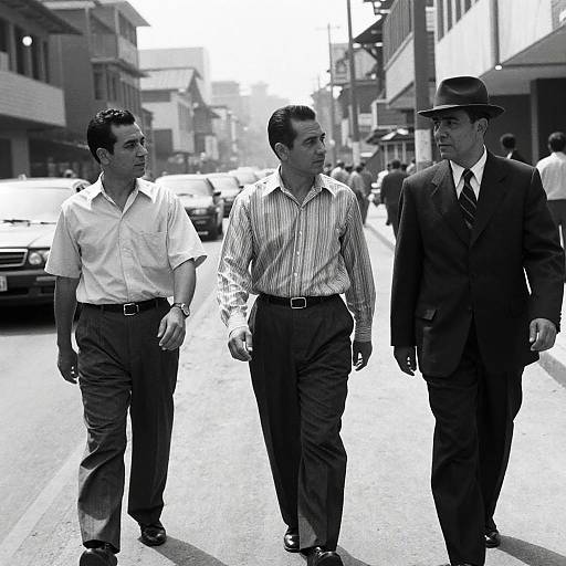 Black-and-white photo of three men walking on a city street; two in striped and white shirts, one in a suit and hat. Background includes cars