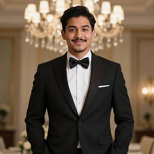 Photograph of a handsome young man with medium skin tone, black hair, mustache, wearing a black tuxedo, white shirt, black bow