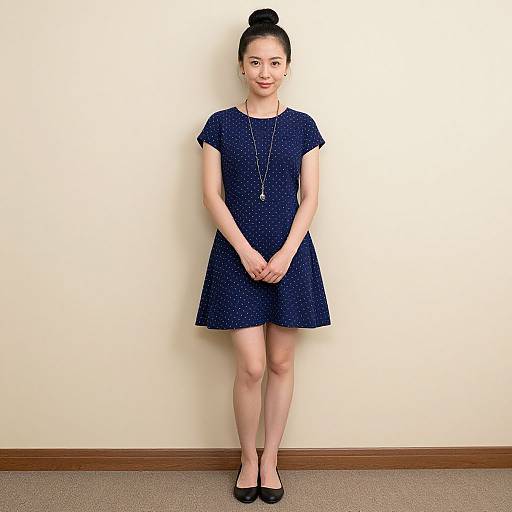 Photograph of an Asian woman with a bun, wearing a navy blue polka dot dress, black flats, and a long necklace, standing against a