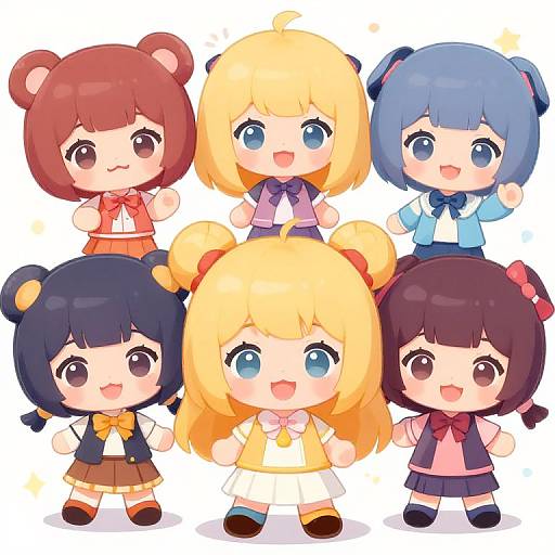 Chibi-style digital illustration of six anime girls with various hair colors and bear-themed accessories, standing in a cheerful line-up.