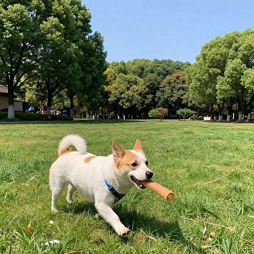 Photograph of a white and brown Shiba Inu dog with a blue harness running on a sunny grassy park, holding a wooden stick in its