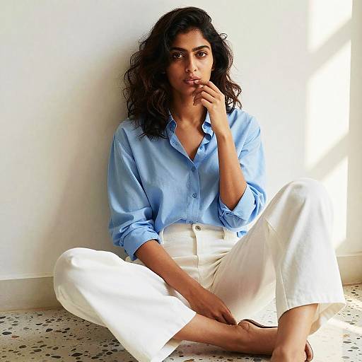 Photograph of a dark-haired woman with curly hair, wearing a light blue button-up shirt and white pants, sitting against a white wall in natural light