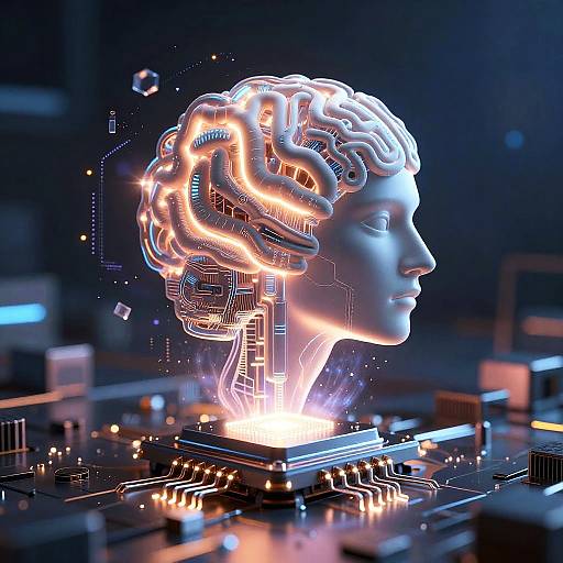 CGI digital art of a glowing, neon-lit, cybernetic human head with intricate circuitry, floating above a futuristic, illuminated circuit board