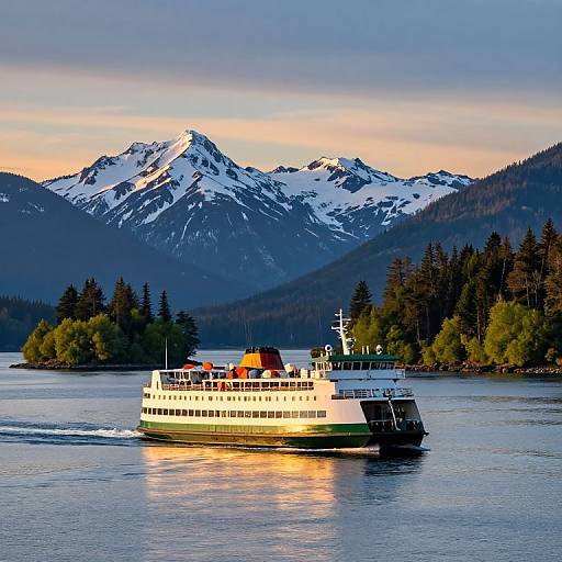 Photograph of a white ferry with red and orange cabin roofs sailing on a calm lake, reflecting snow-capped mountains and a sunset sky in the background
