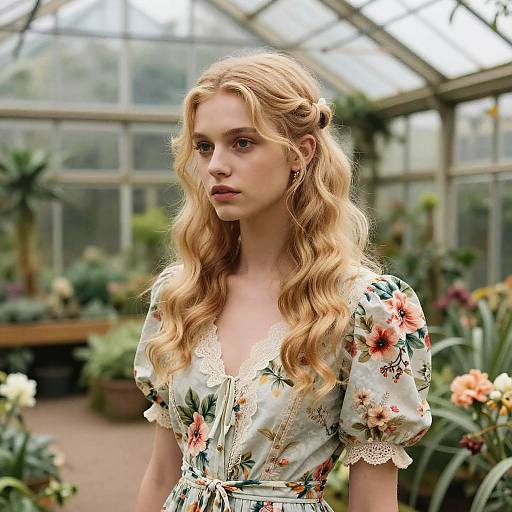 Photograph of a young blonde woman with wavy hair in a floral dress, standing in a greenhouse with lush plants.