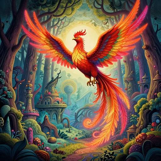 Vibrant digital fantasy illustration of a fiery phoenix with glowing red and orange wings soaring over a whimsical, enchanted forest with colorful mushroom houses and mystical