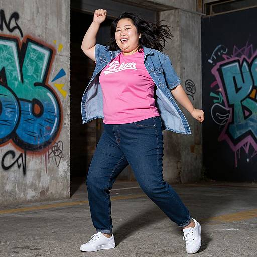 Photograph of a joyful Asian woman with long black hair, wearing a pink T-shirt, denim jacket, black jeans, and white sneakers, dancing in