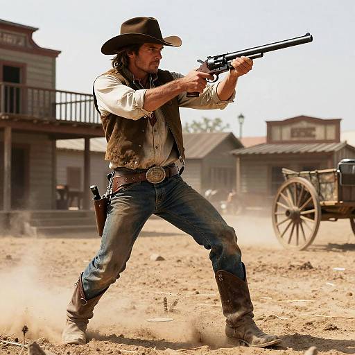 Photograph of a rugged cowboy in a brown hat and vest, aiming a revolver in a dusty, Western town setting.