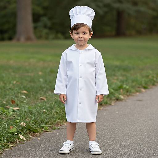 Photograph of a young boy in a white chef's outfit, including hat and shoes, standing on a grassy path in a park.