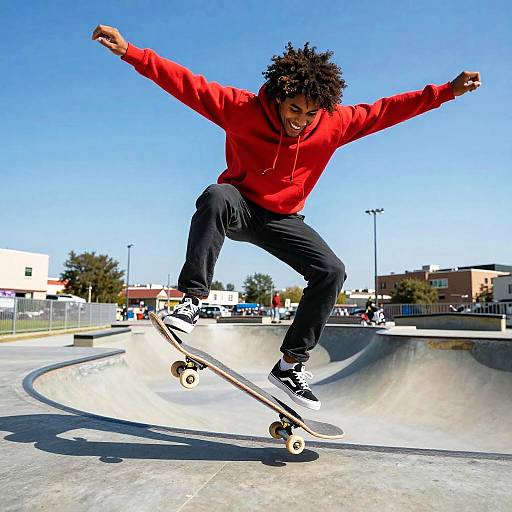 Young Black man with curly hair, wearing a red hoodie and black pants, skateboarding mid-air in a sunny, blue-sky skatepark.