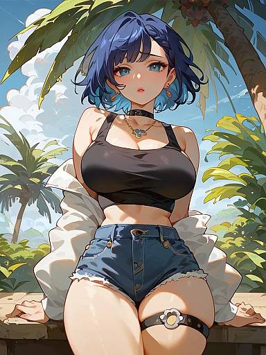Anime Girl in Denim Shorts and Black Crop Top
