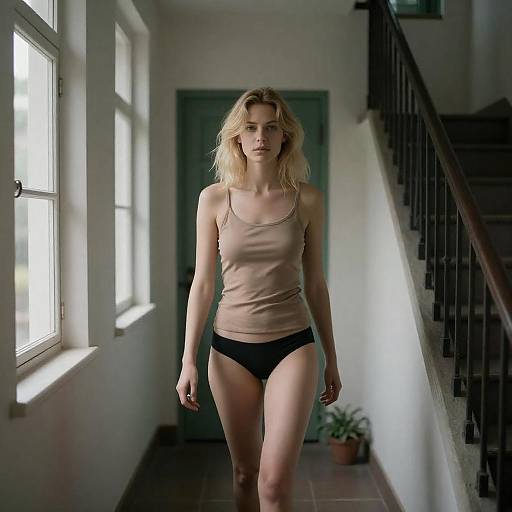 Blonde Woman in Dimly Lit Hallway