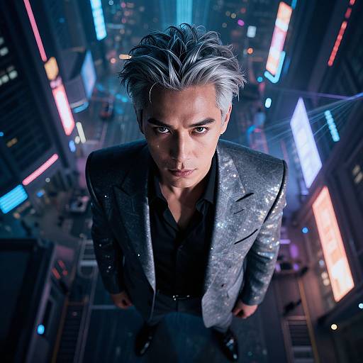 Photorealistic CGI of a silver-haired man in a glittery black suit, looking up intently, surrounded by neon-lit city streets.