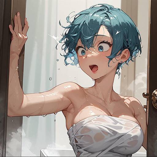 Anime Girl with Aqua Hair in Bath Towel
