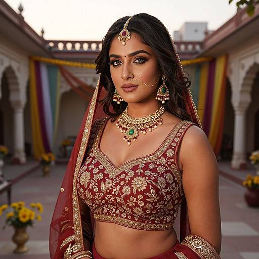 Photograph of a beautiful Indian bride with medium skin tone, dark hair, wearing a red embroidered crop top and veil, gold jewelry, and green earrings