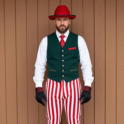 Photograph of a bearded man in a red hat, black vest, white shirt, red tie, and red-and-white striped pants, standing against