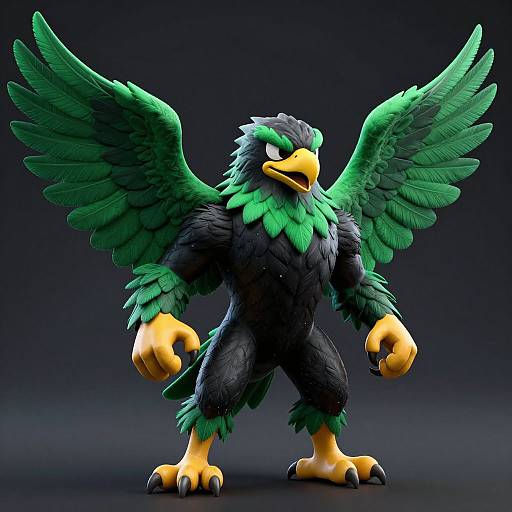 CGI image of a muscular, anthropomorphic black bird with vibrant green wings, yellow beak, and talons, standing confidently against a dark gradient