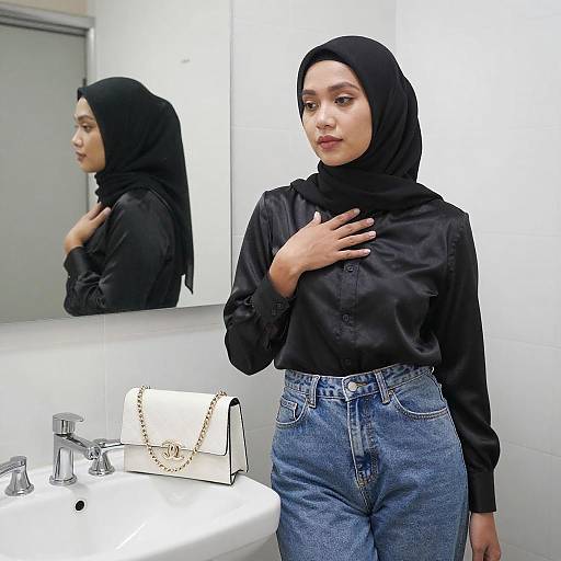 Asian Woman in Hijab by Bathroom Sink