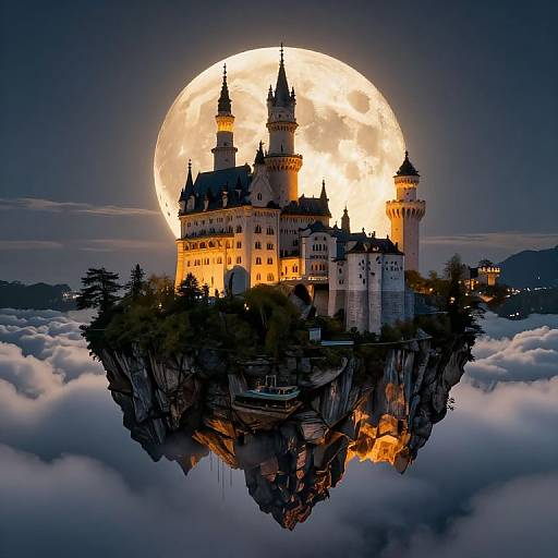 Photograph of a fairy-tale castle with multiple towers, illuminated by a full, glowing moon, floating above a cliff amidst fluffy clouds.