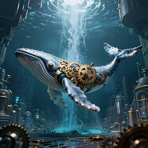 Digital artwork of a cybernetic blue whale with gears and cogs, swimming underwater in a futuristic, industrial setting with glowing lights and machinery.