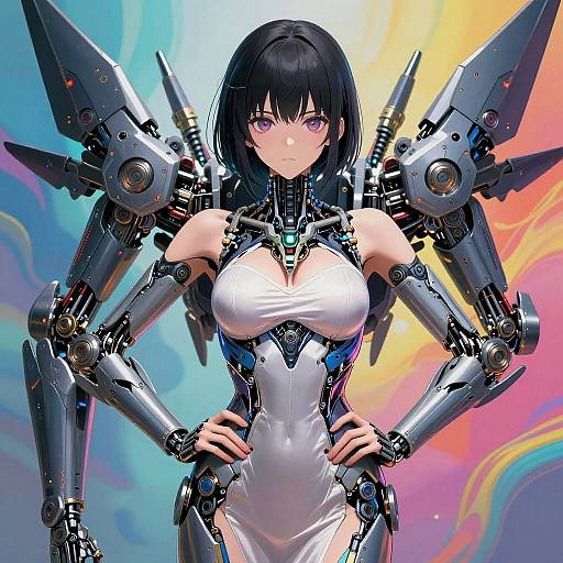Digital anime artwork of a black-haired, purple-eyed, robotic woman with metallic wings and arms, wearing a white, form-fitting bodysuit,