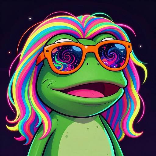 Vibrant digital illustration of a green frog with a multicolored rainbow mane, wearing large orange sunglasses with a swirling cosmic pattern, against a dark