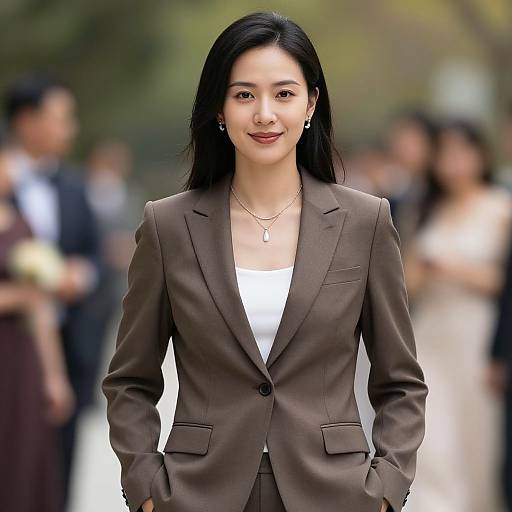 Photograph of an attractive Asian woman with long black hair, wearing a brown blazer over a white top, standing confidently in a blurred outdoor setting with