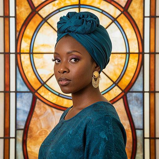 Photograph of a beautiful dark-skinned woman with a teal headwrap, gold earrings, and matching teal dress, standing against a vibrant stained glass window